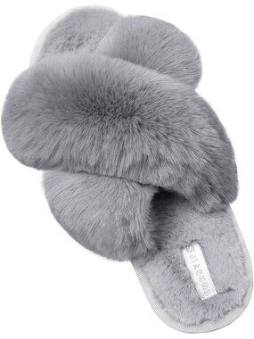Women's Grey Fuzzy Fluffy House Cozy Criss Cross Furry Open Toe Slipper Shoes